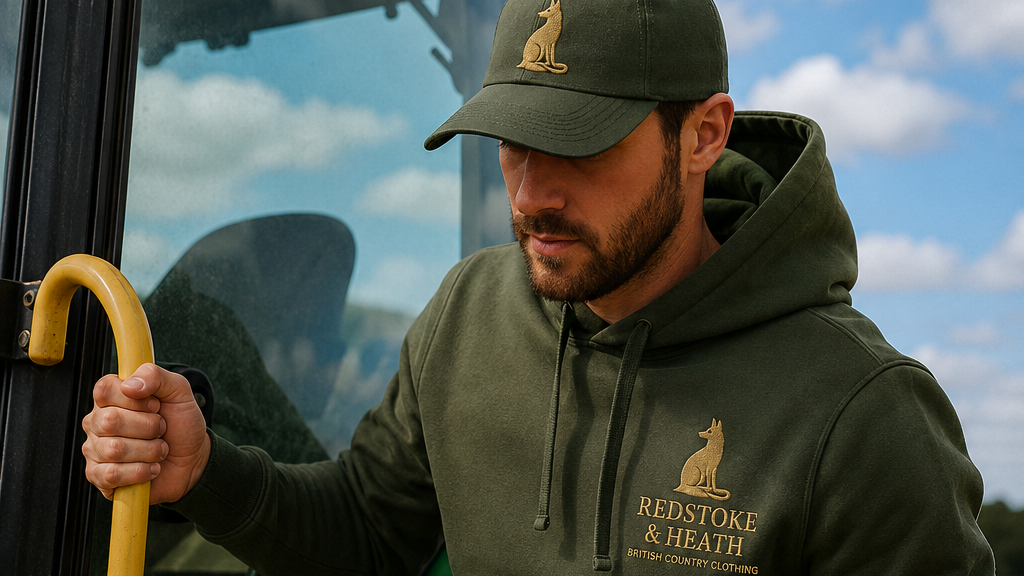 Man wearing a green hoodie and cap, standing on a John Deere tractor.